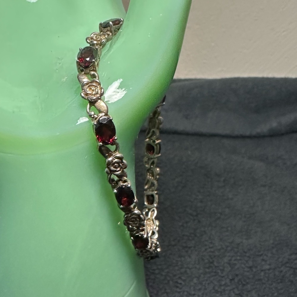 Vintage 925 Rose Medallion and Red Stone Bracelet 8”